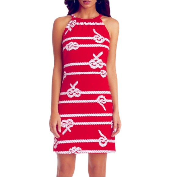Cynthia Rowley Red and White Nautical Knot Print Halter Neck Dress Size L - Picture 1 of 10